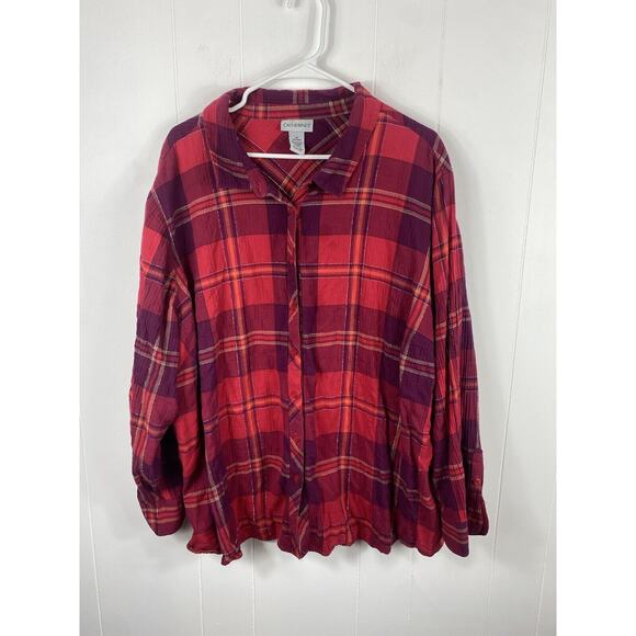 Cataherines Shirt Womens 3X Plus Button Down Plaid Red Metallic Cottagecore - Picture 1 of 7